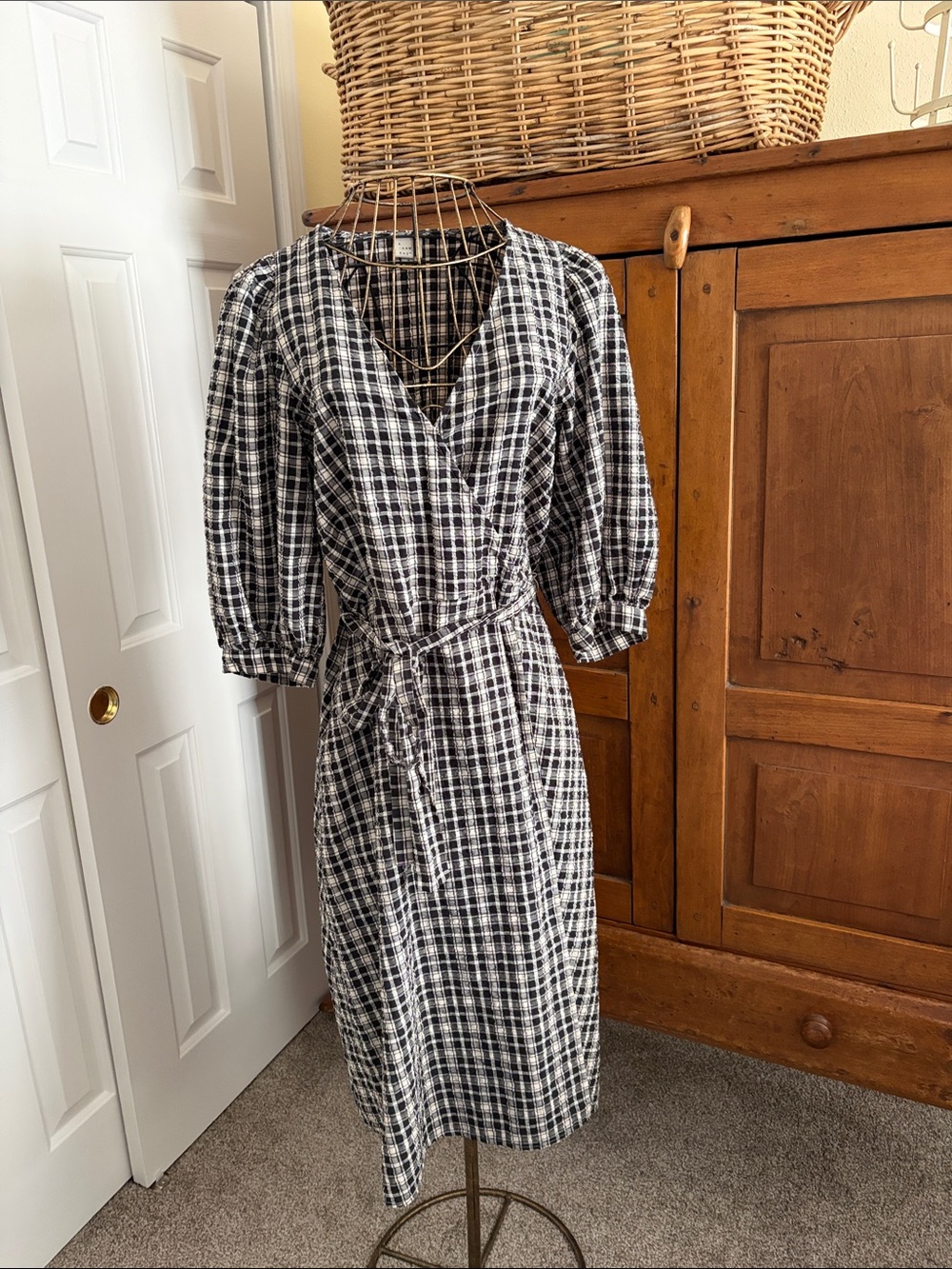 Black & Cream Plaid Gingham Wrap Midi Dress